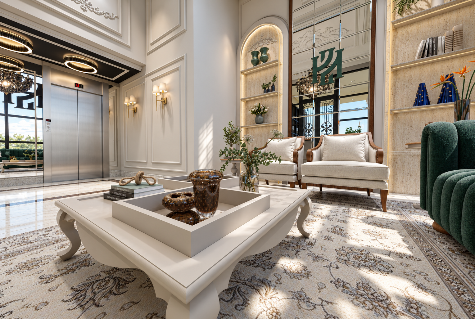 Detalhe do hall do Neomare, com móveis Kleiner, poltronas e mesa de centro em um ambiente de inspiração clássica