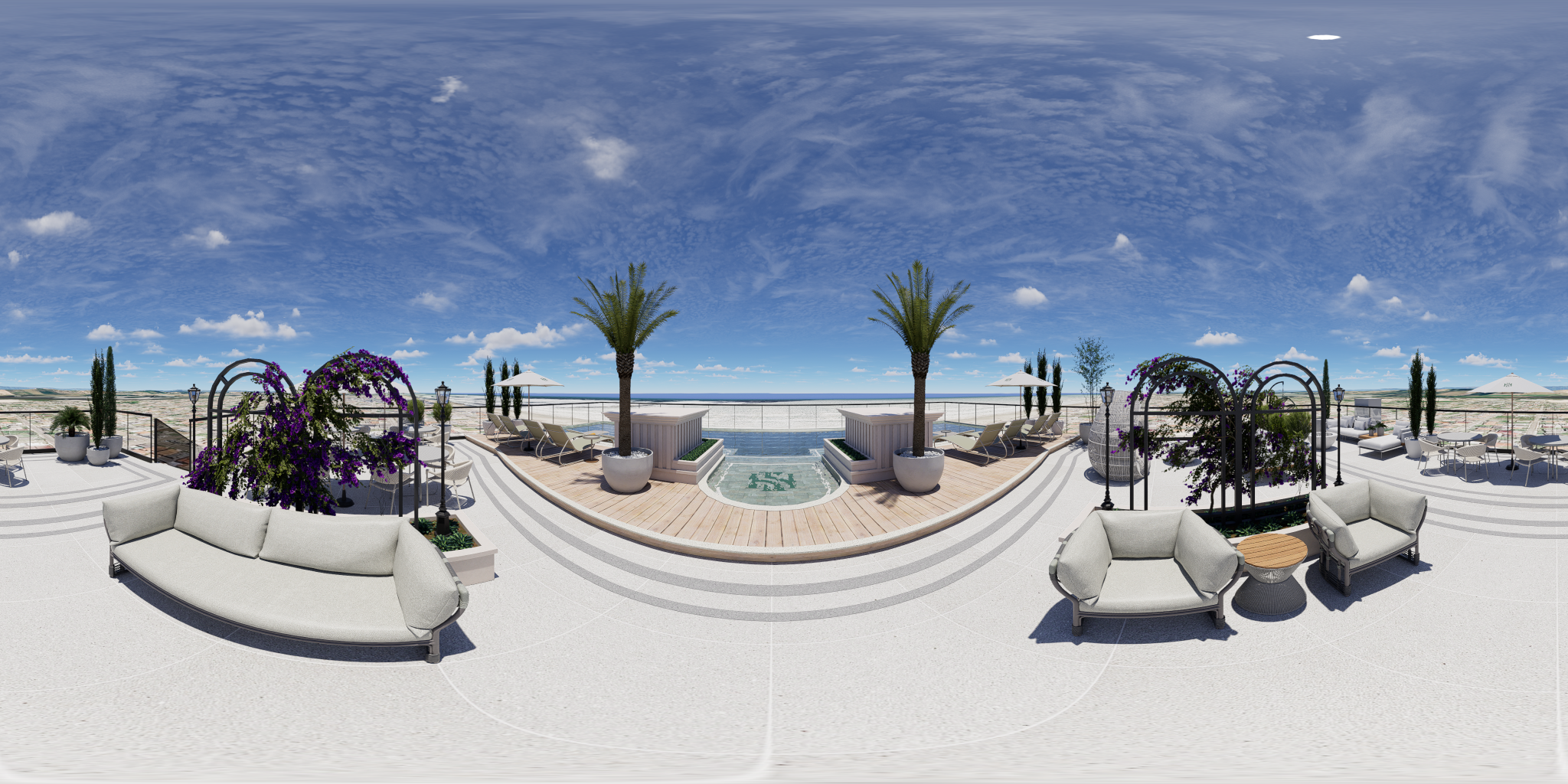 Vista panorâmica do rooftop do Neomare Home Club, com piscina, lounges e vista para o mar